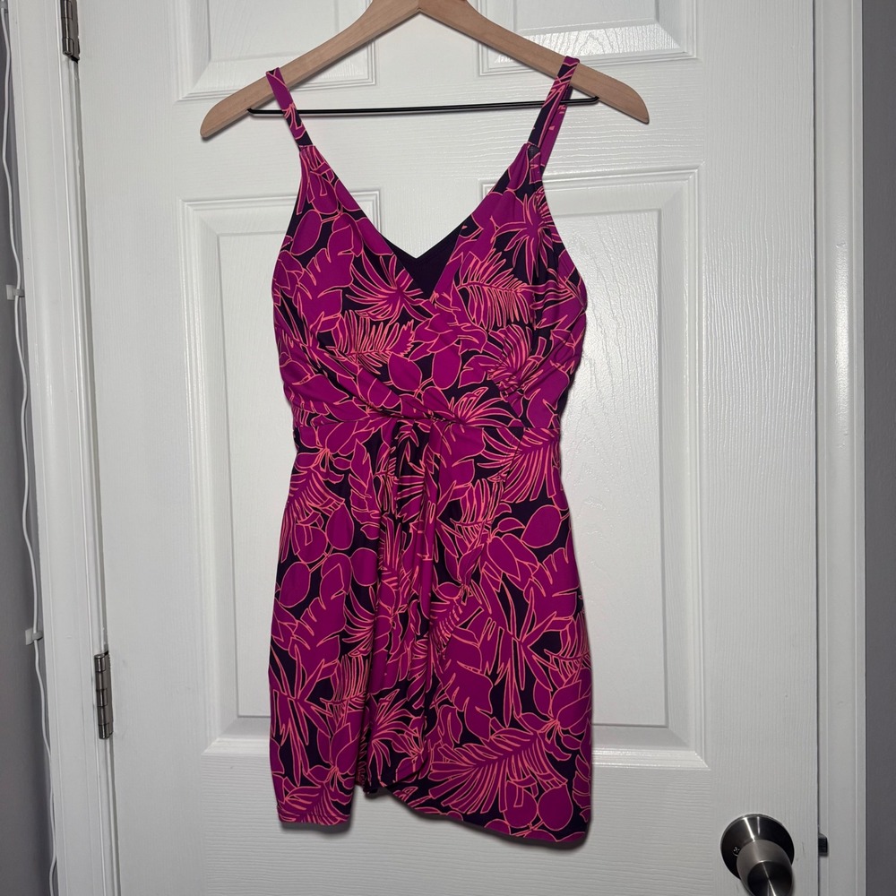 Lands End Womens Pink Tropical Palm Print V-Neck Swim Dress One Piece Size S